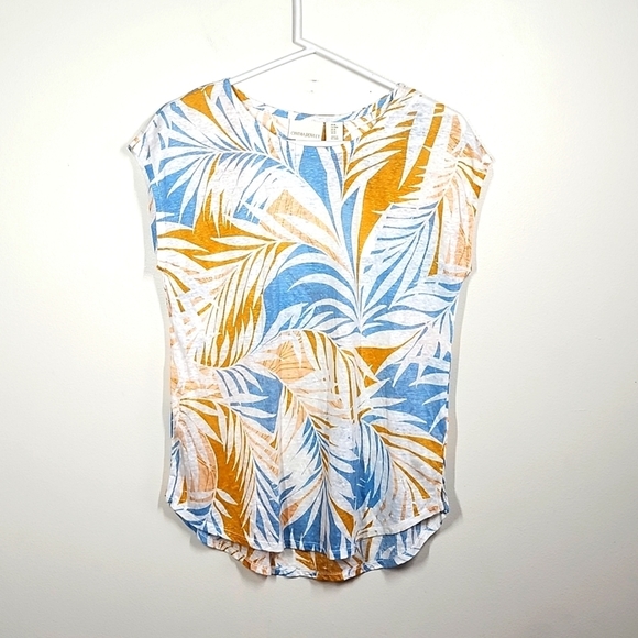 Cynthia Rowley Linen Palm Leaf short sleeve shirt loose crewneck blouse medium - Picture 1 of 7